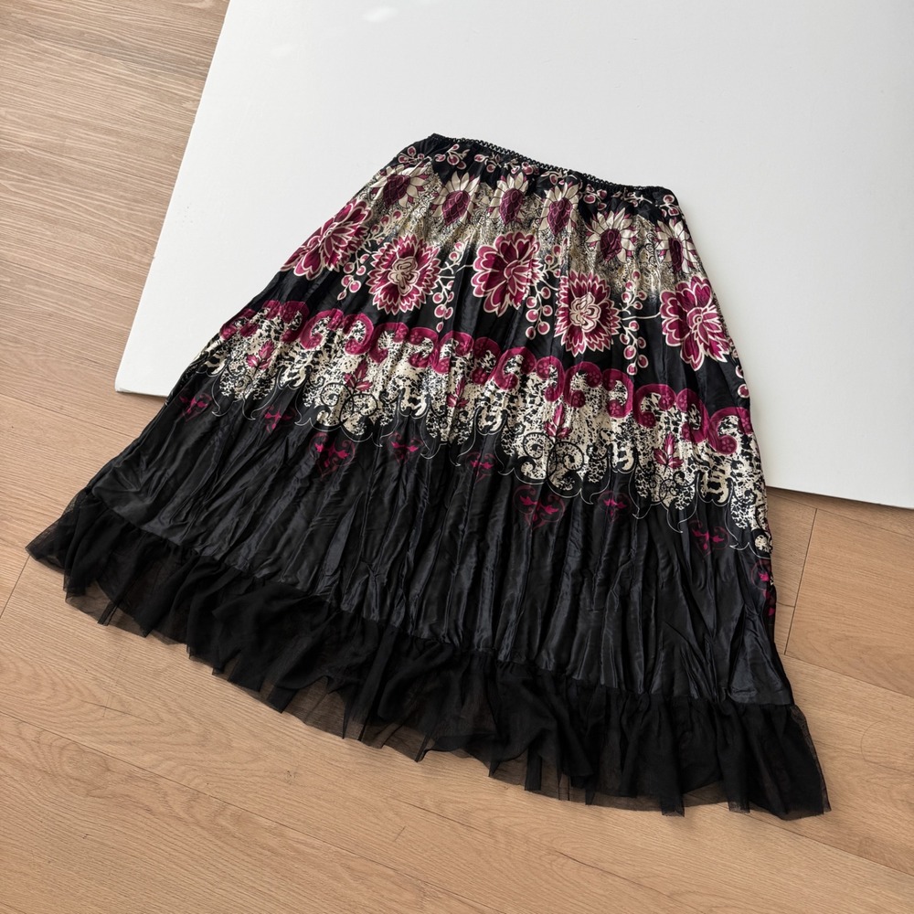 Heart Soul Y2K Purple Floral Midi Skirt Black Mesh Ruffle Trim Satin Pleated L